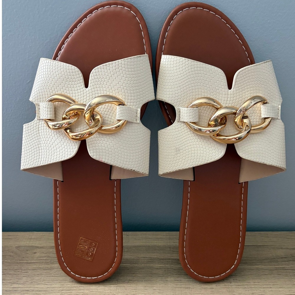 Womens Cream Snakeskin Embossed Gold Chain Link H-Strap Flat Slide Sandals 41